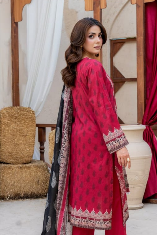 3 Pieces - Marooj Gold Unstitched Maroon Print Lawn Suit
