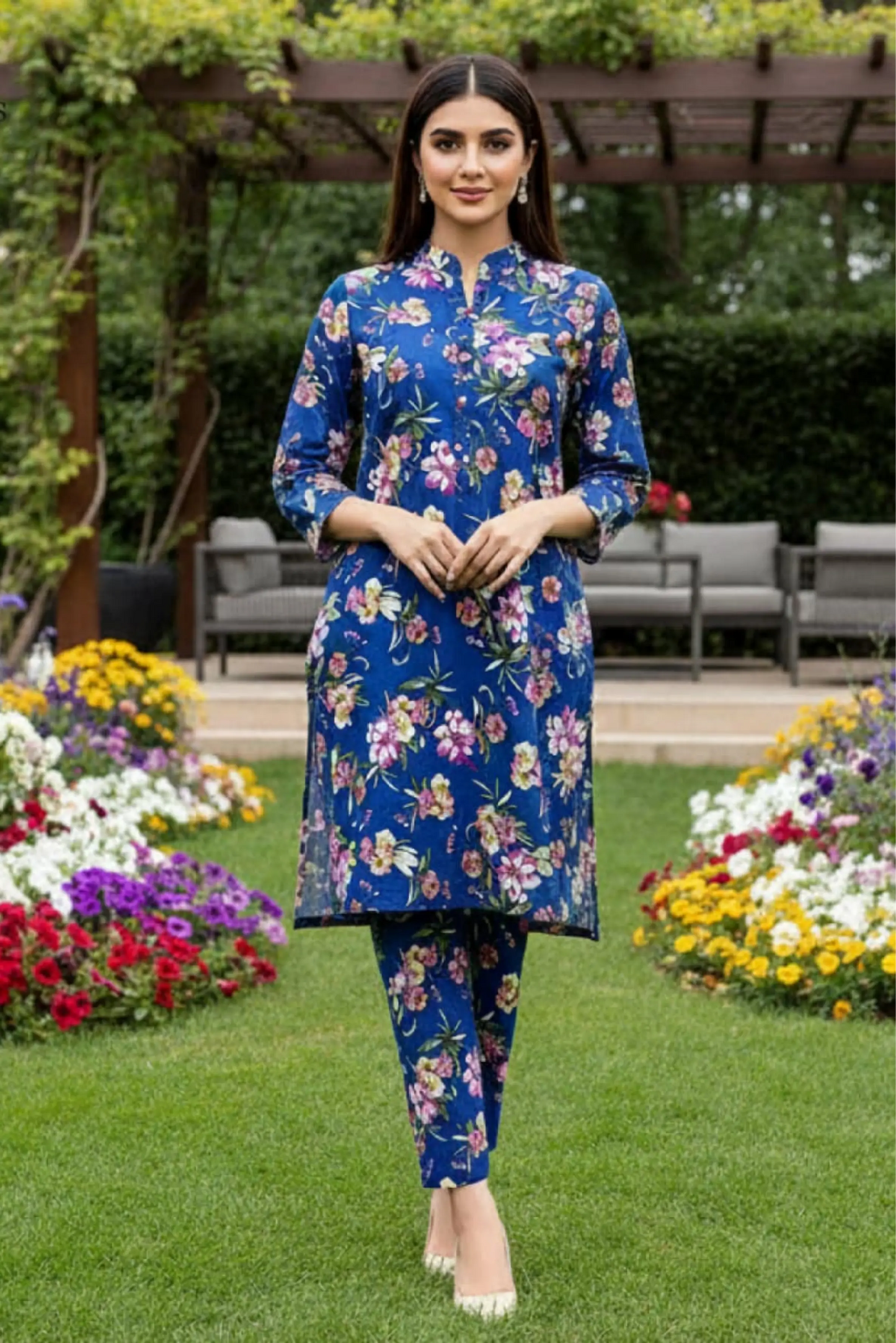 2 Piece: Regalia Unstitched Printed Blue Ladies Linen Suit