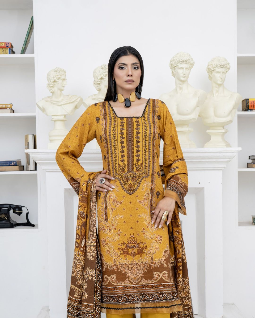 3 Piece - Marooj Unstitched Mustard BanaDora Linen Suit