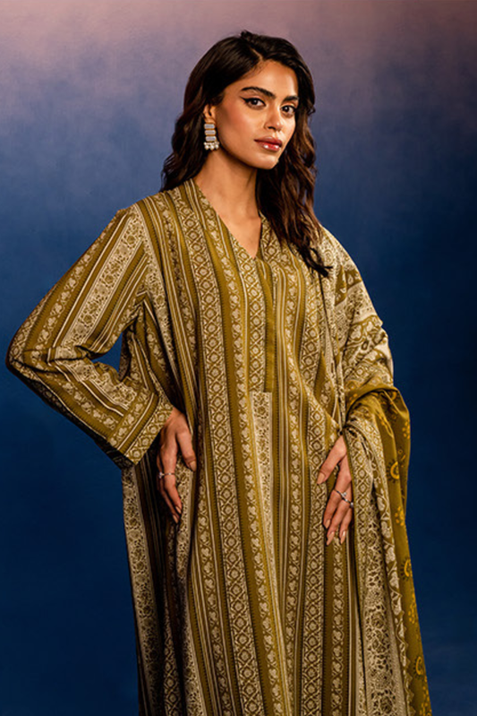 3 Pieces - Nishat Unstitched Mehndi Printed Linen Suit