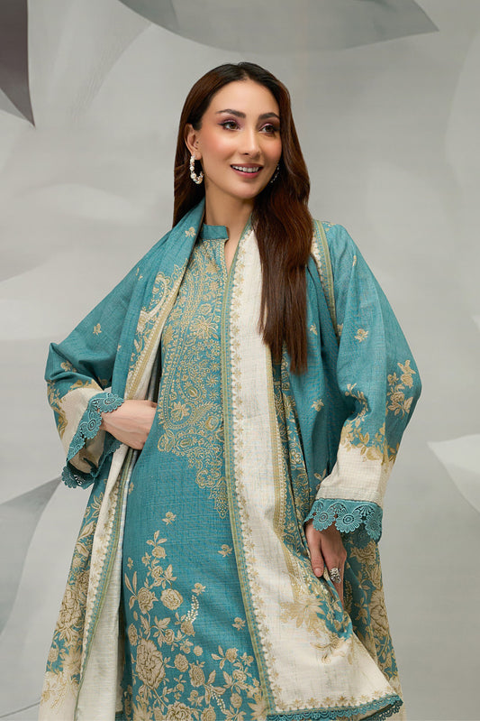 3 Pieces - Regalia Unstitched Dark Ferozi Printed Khaddar Suit