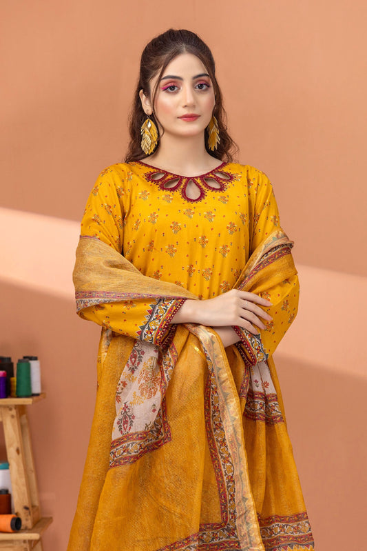 3 Pieces - Regalia Unstitched Mustard Fancy Zari Dupatta Printed Shirt Lawn Suit
