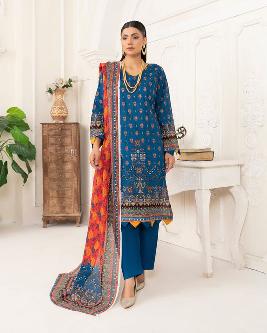 3 Piece - Junoon Unstitched Blue Ladies Print Lawn Suit