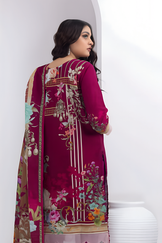 3 Pieces - Regalia Stitched Maroon Printed Khaddar Suit