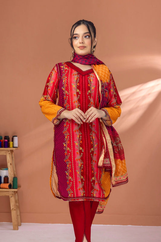 3 Pieces - Regalia Unstitched Red Fancy Zari Dupatta Printed Shirt Lawn Suit