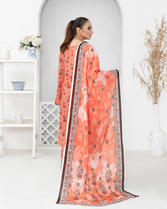 3 Piece - Mahi Unstitched Orange Ladies Print Lawn Suit