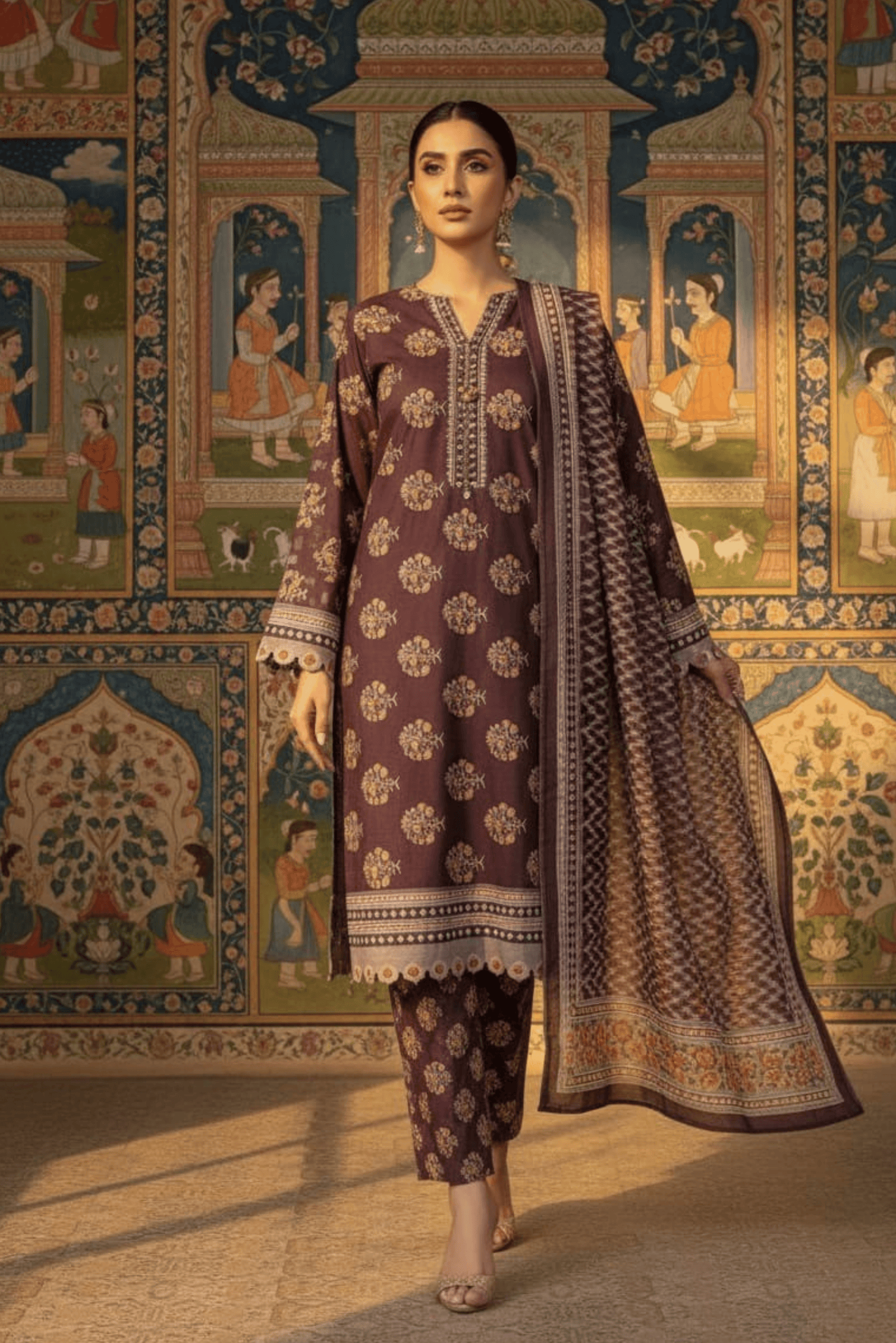 3 Pieces - Safina Unstitched Dark Brown Printed Khaddar Suit