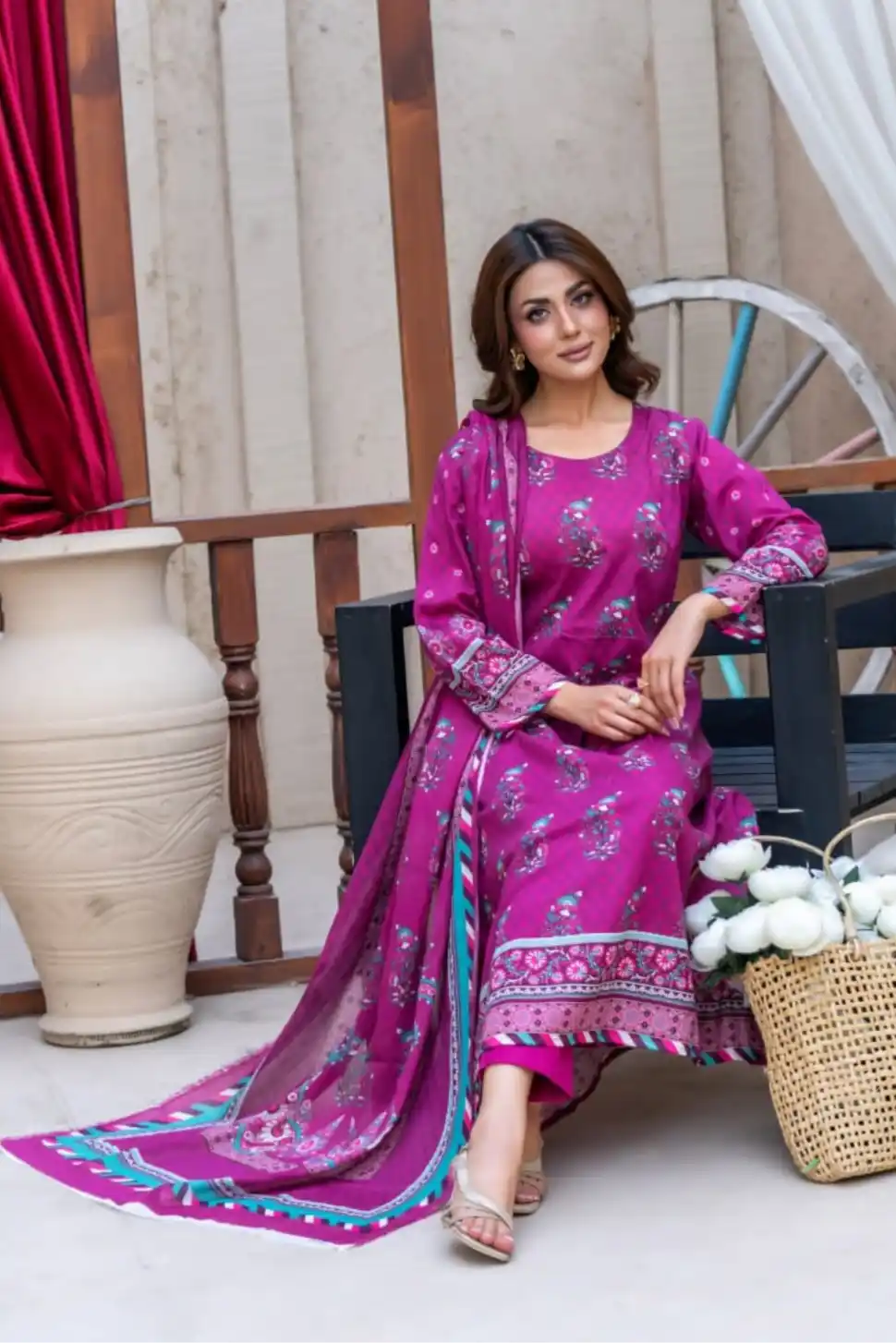 3 Pieces - Marooj Gold Unstitched Plum Print Lawn Suit