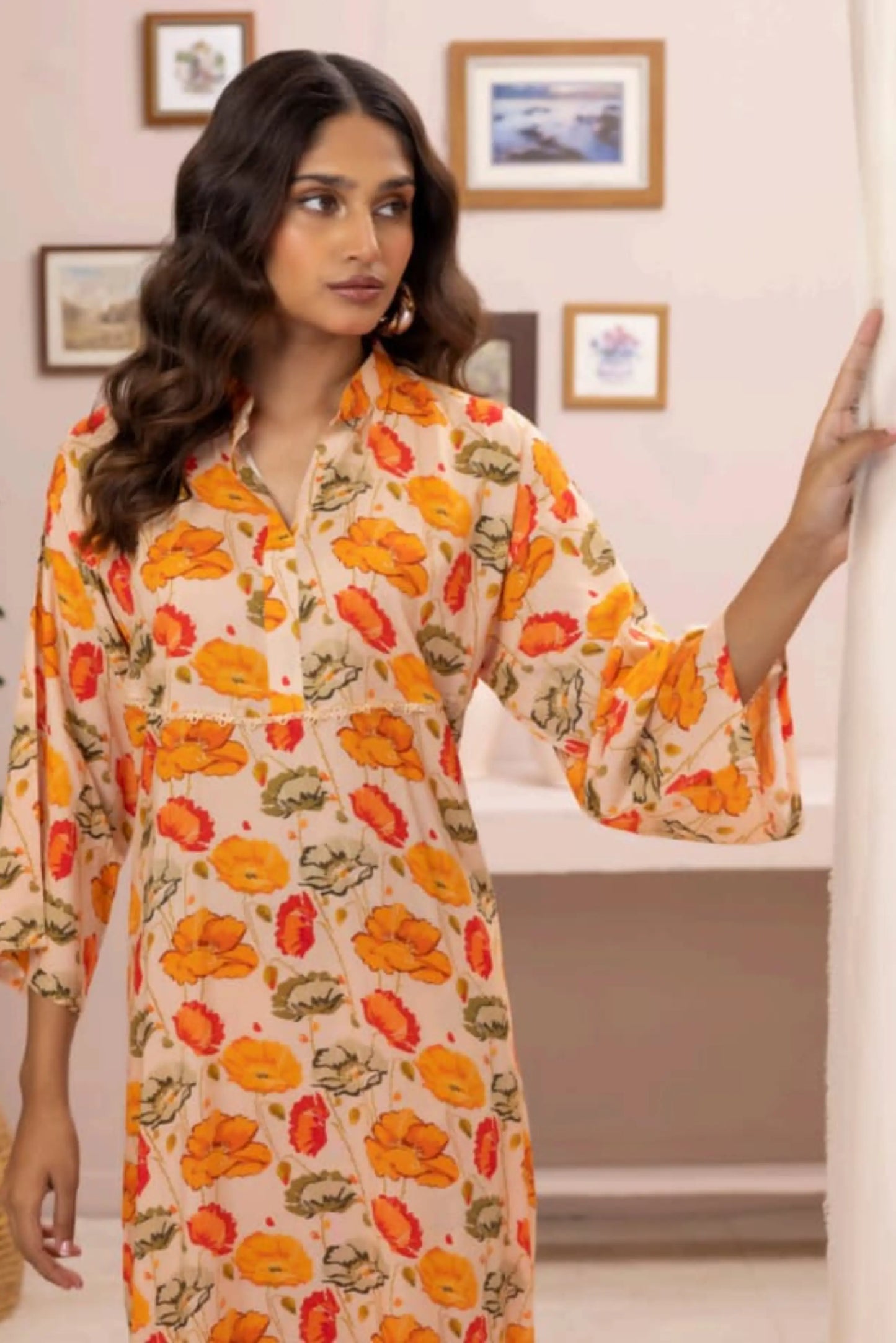 2 Piece: Regalia Unstitched Printed Peach Ladies Linen Suit