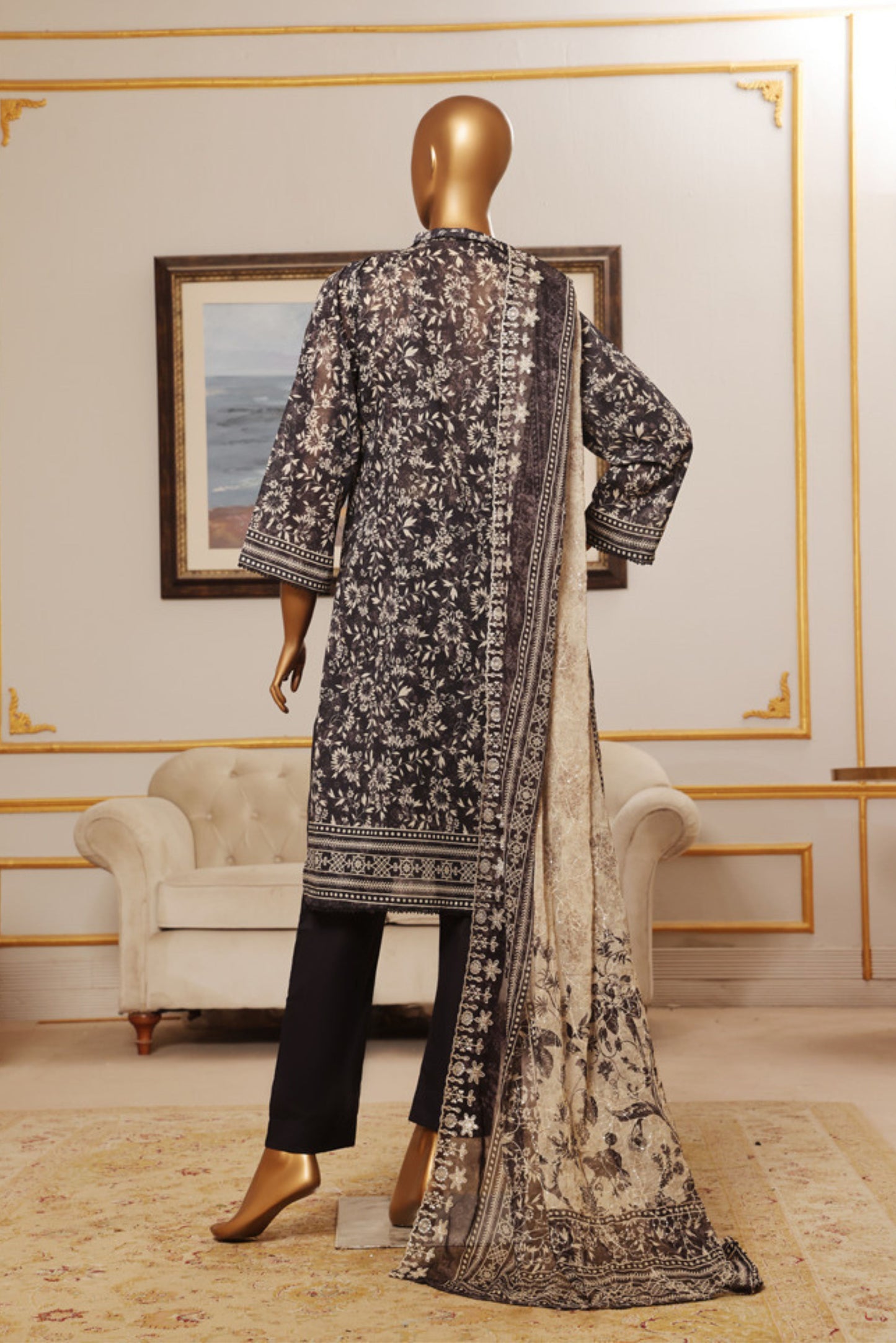 3 Pieces - Riwayat Unstitched Black Embroided Lawn with Cutwork Chiffon Dupatta Suit