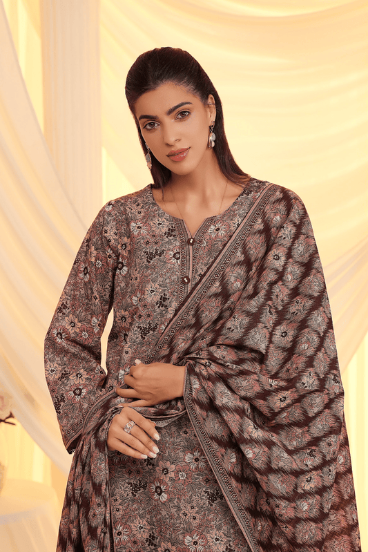 3 Pieces - Regalia Unstitched Peach Printed Khaddar Suit