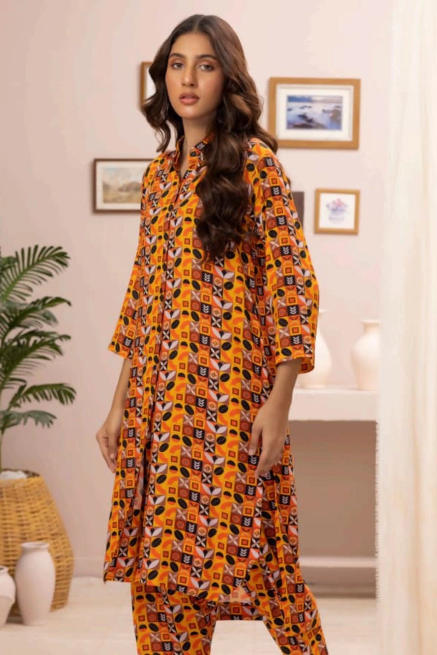 2 Piece: Regalia Unstitched Printed Orange Ladies Linen Suit