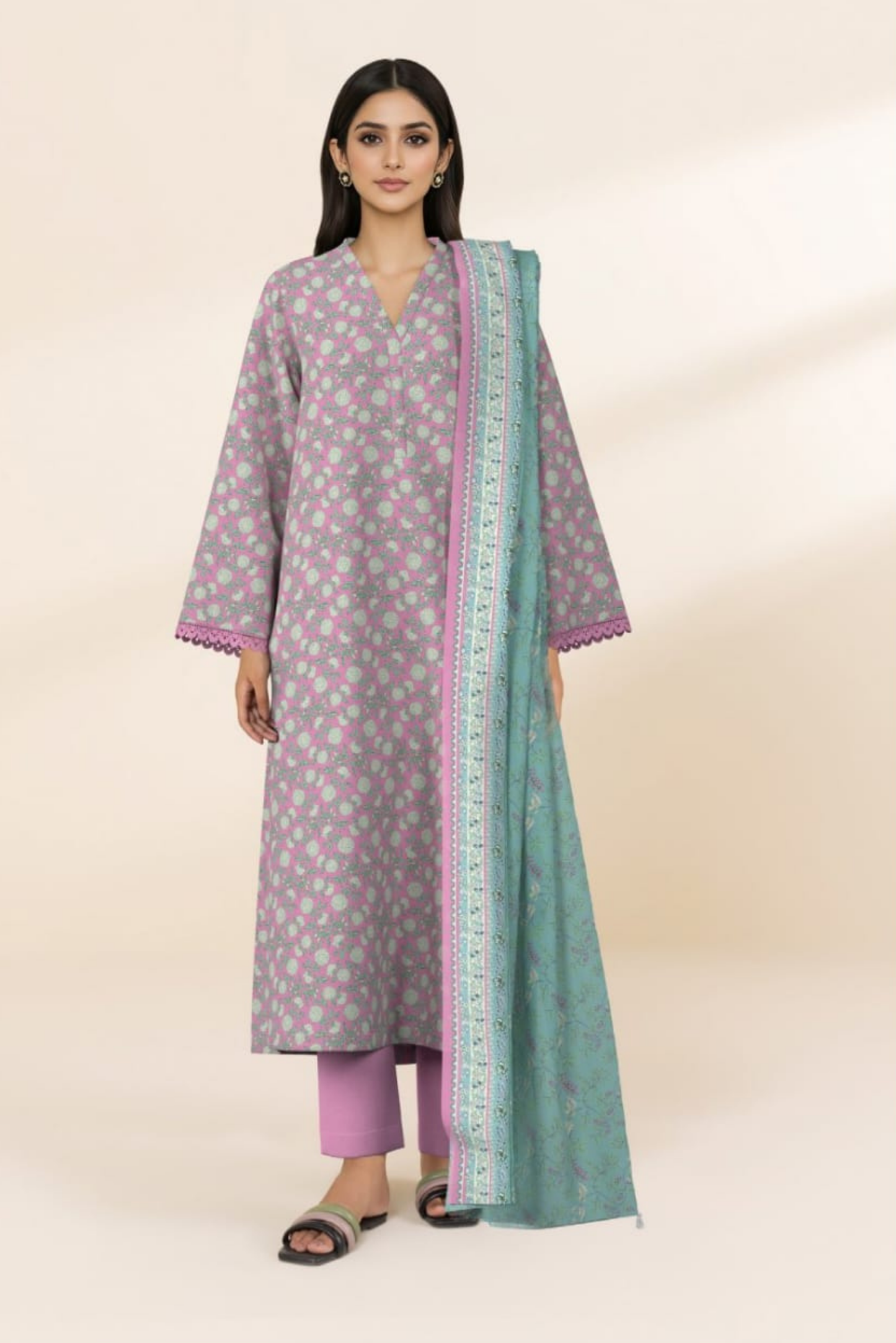 3 Pieces - Sapphire Unstitched Dusty pink Lawn Suit