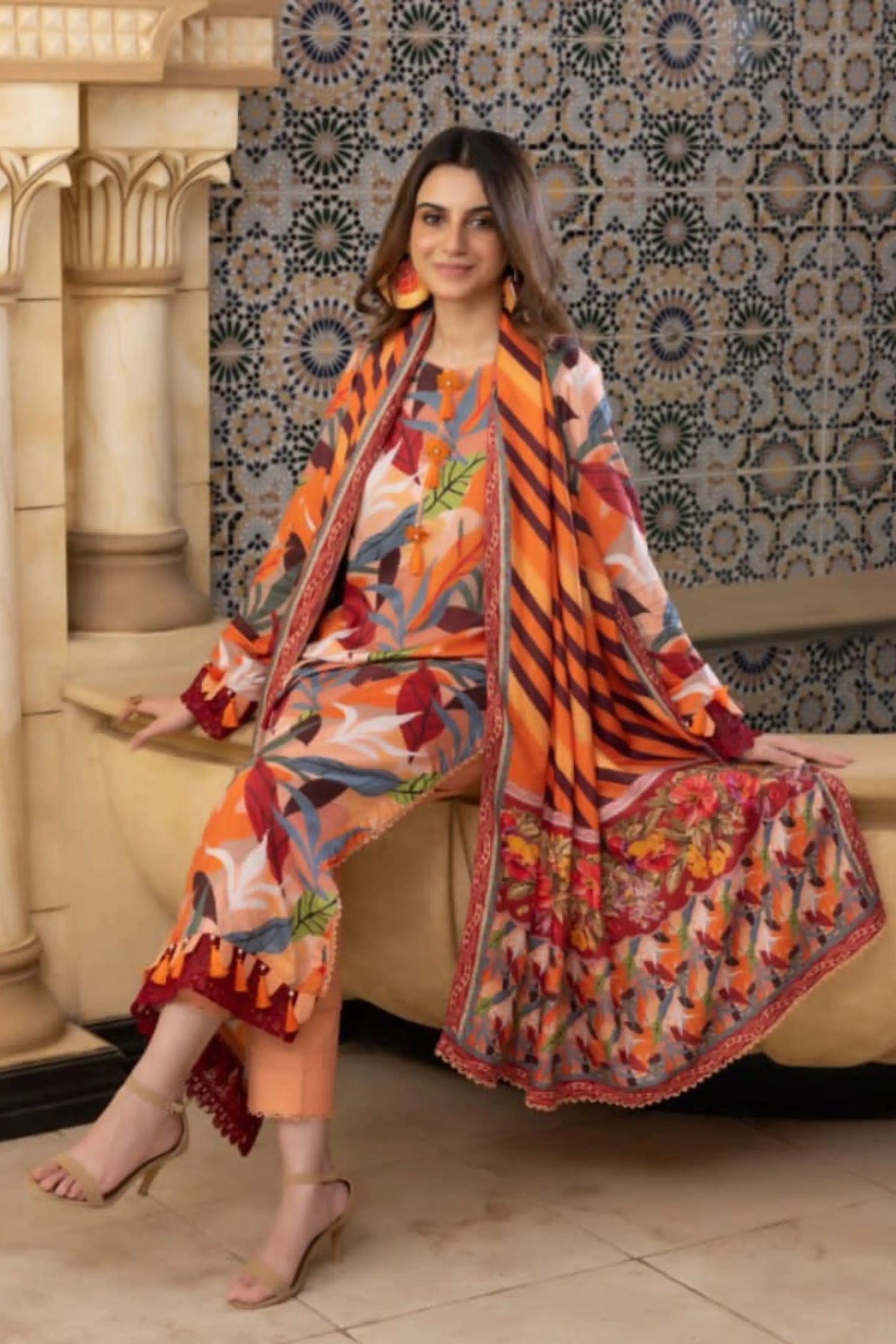 3 Pieces - Regalia Unstitched Orange Printed Linen Ladies Suit