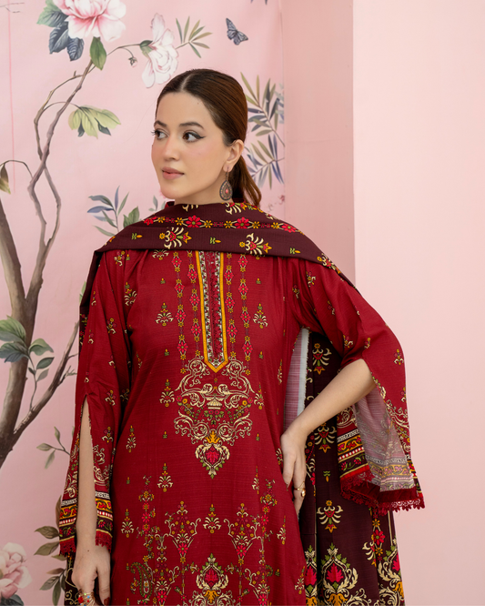 3 Pieces - Marooj Unstitched Maroon BanaDora Linen Suit