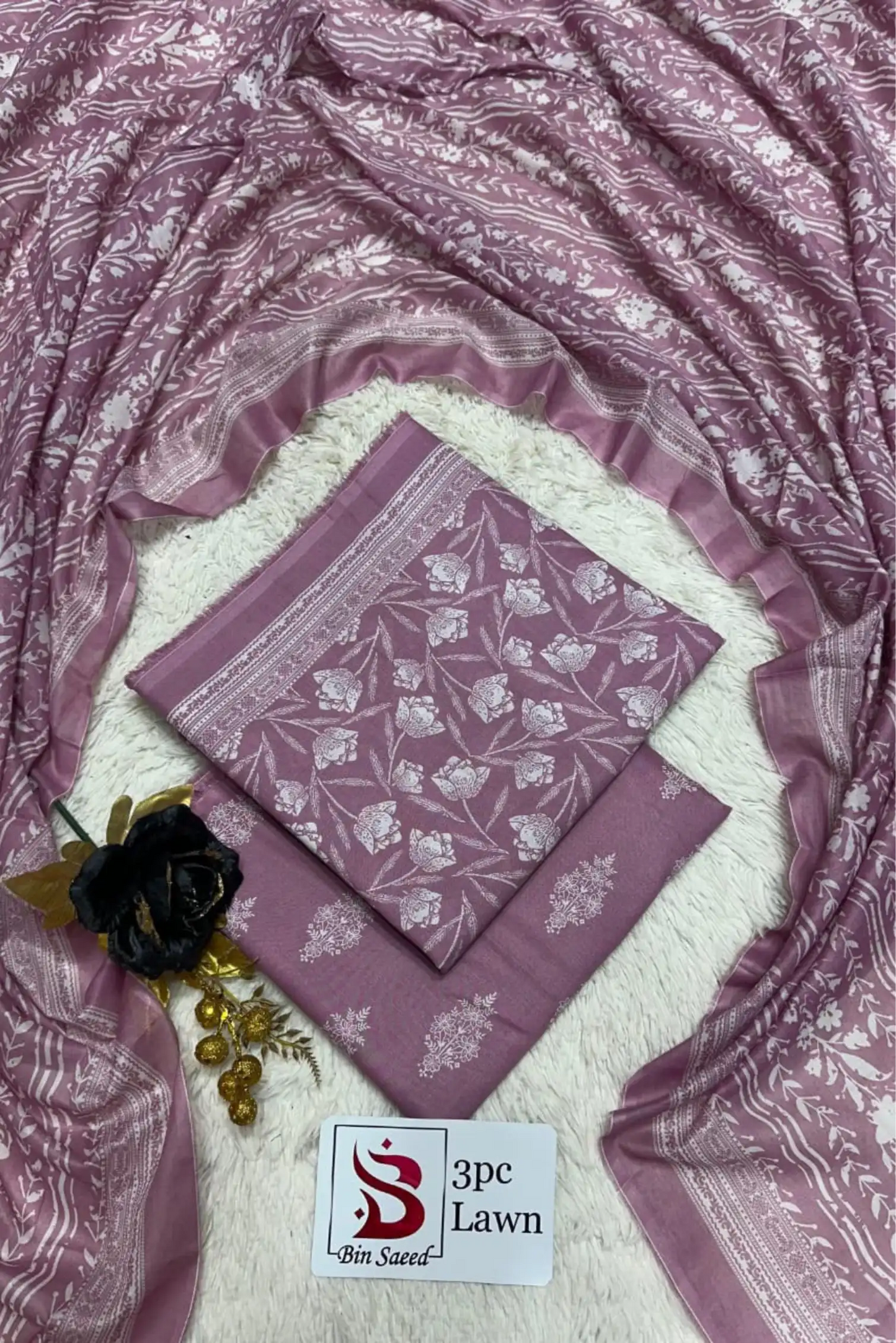 3 Pieces - Bin Saeed Unstitched Baby Pink Ladies Lawn Suit