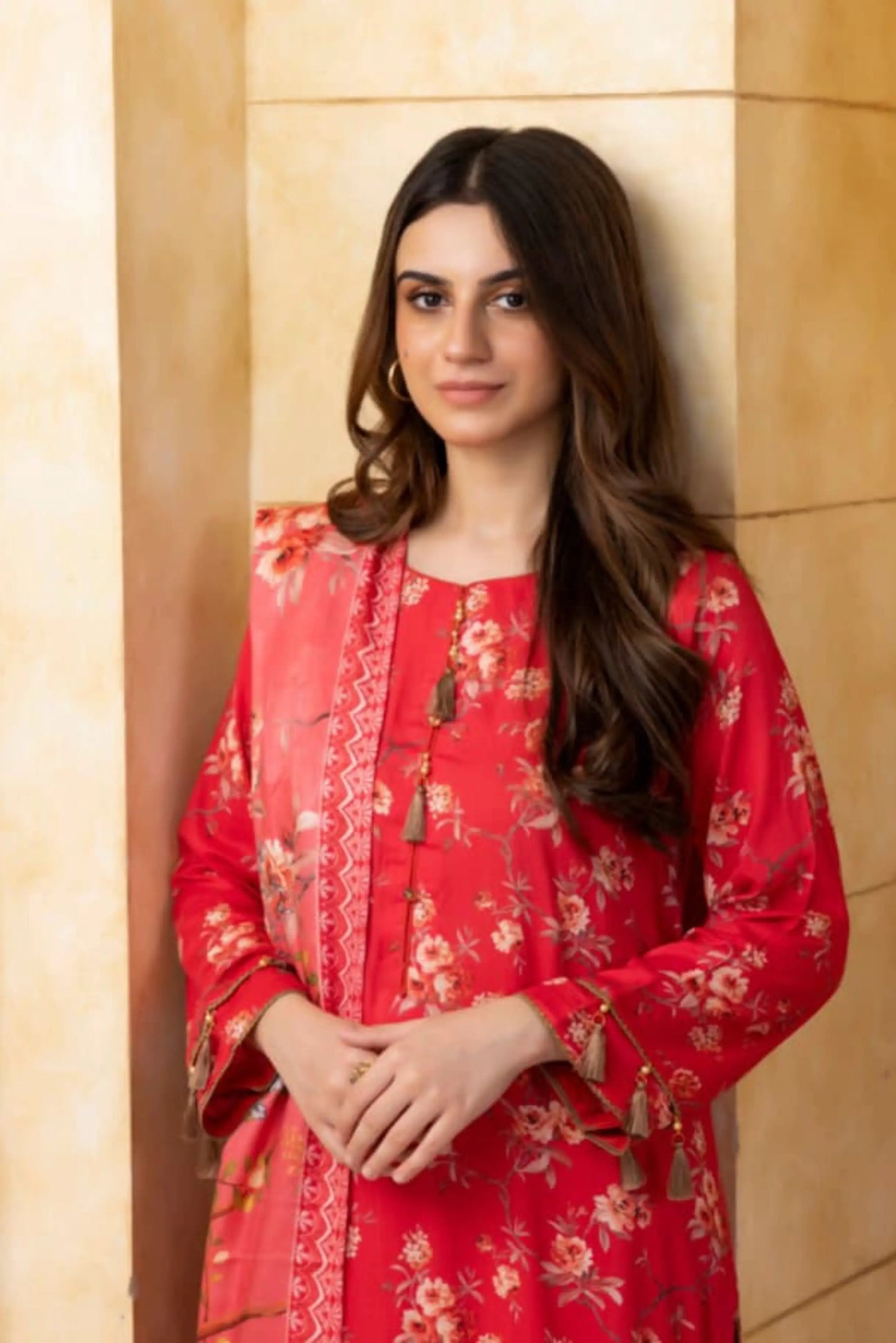3 Pieces - Regalia Unstitched Red Printed Linen Ladies Suit