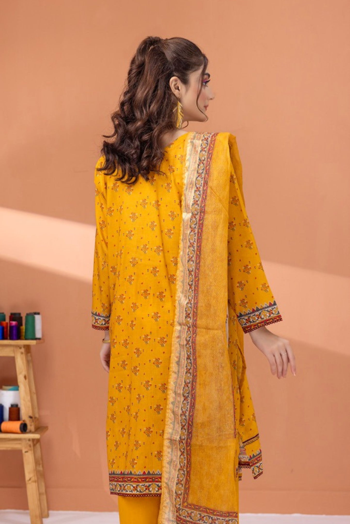 3 Pieces - Regalia Unstitched Mustard Fancy Zari Dupatta Printed Shirt Lawn Suit