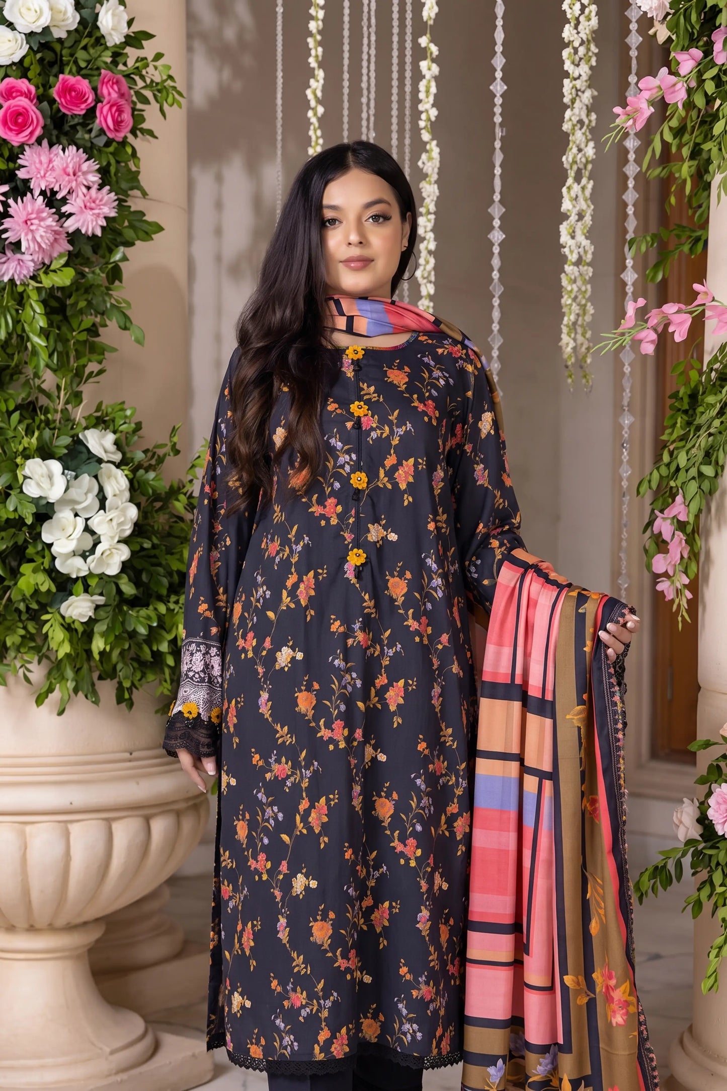 3 Pieces - Regalia Unstitched Black Printed Linen Ladies Suit