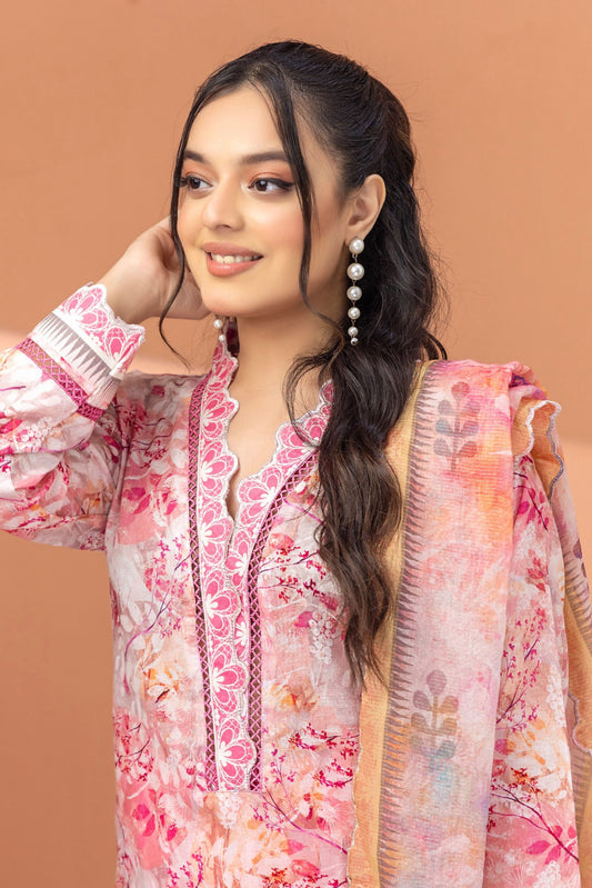 3 Pieces - Regalia Unstitched Baby Pink Fancy Zari Dupatta Printed Shirt Lawn Suit