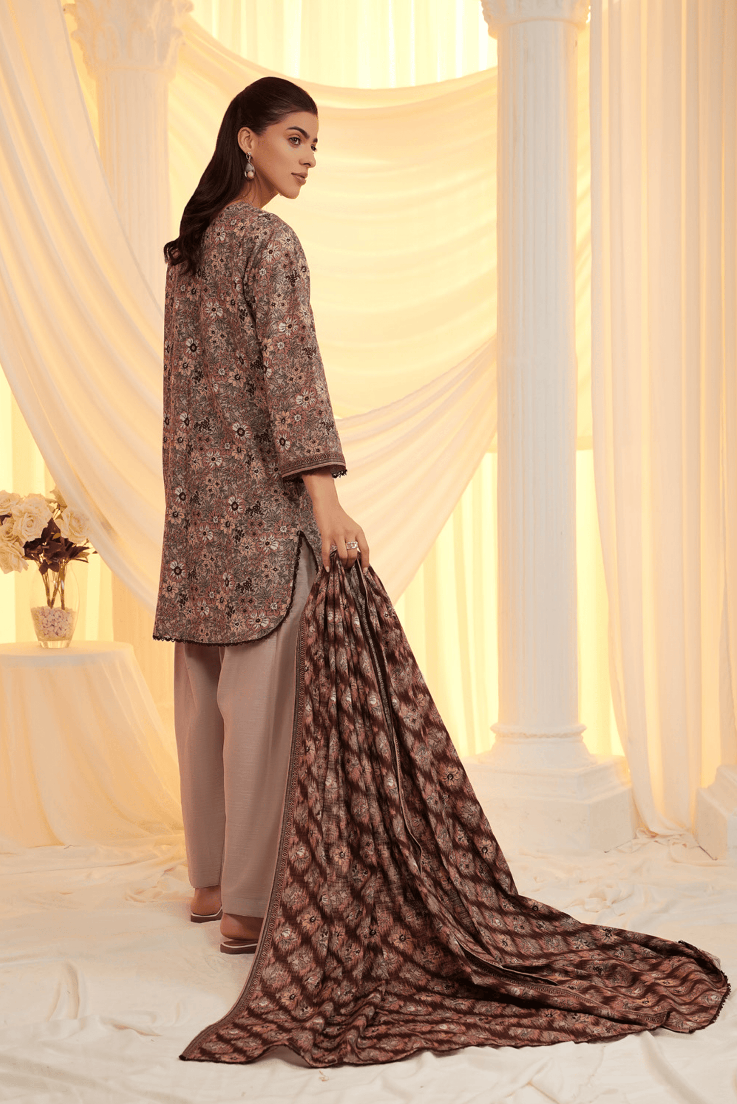 3 Pieces - Regalia Unstitched Peach Printed Khaddar Suit