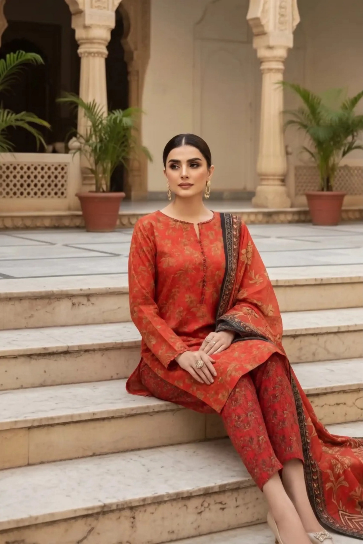 3 Pieces - Marooj Unstitched Redish BanaDora Linen Suit