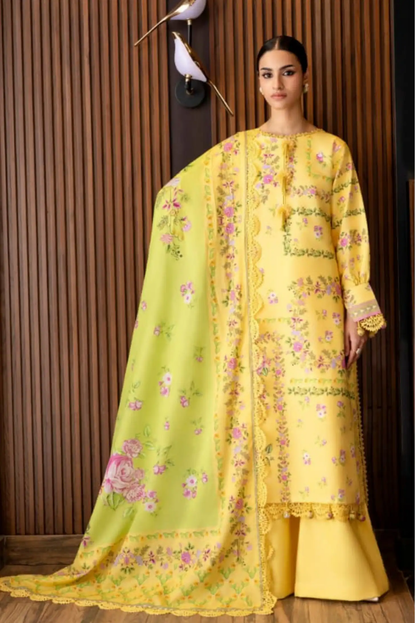 3 Pieces - NAQSH Unstitched Lemon Ladies Lawn Suit