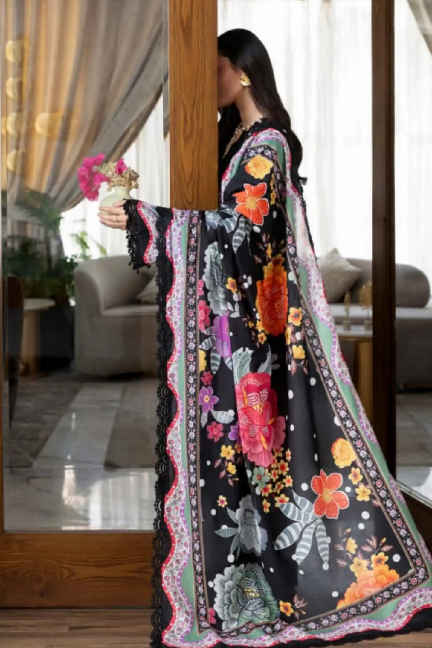 3 Pieces - NAQSH Unstitched Black Ladies Lawn Suit
