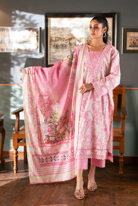 3 Pieces - Regalia Unstitched Baby Pink Bana Dora Lawn Suit