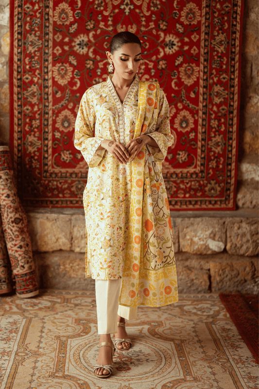 3 Pieces - GulAhmad Unstitched Yellow Printed Lawn Suit