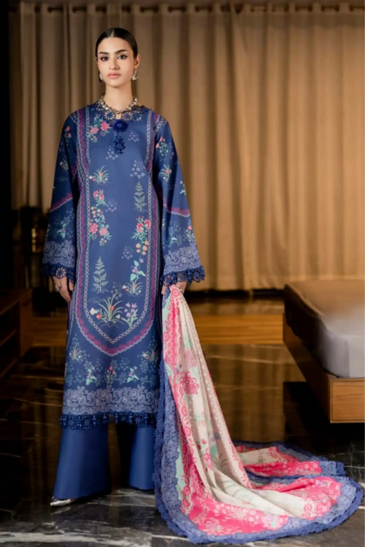 3 Pieces - NAQSH Unstitched Blue Ladies Lawn Suit