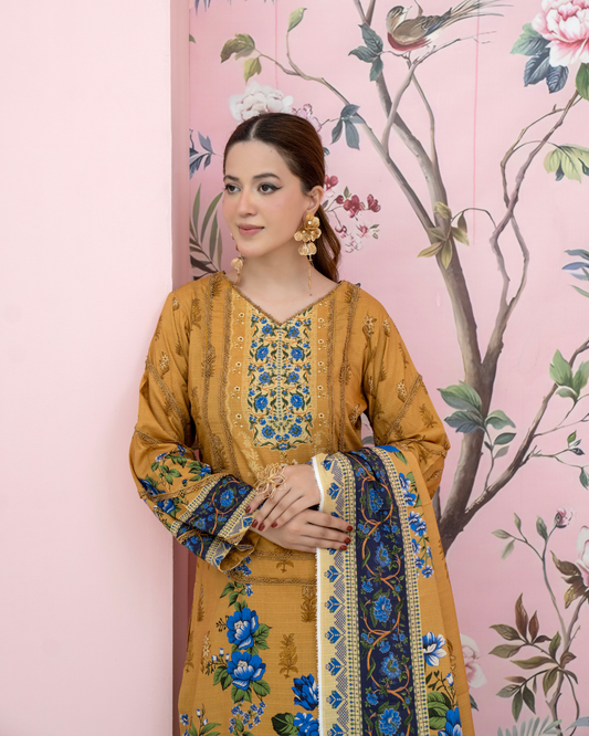 3 Pieces - Marooj Unstitched Light Mustard BanaDora Linen Suit