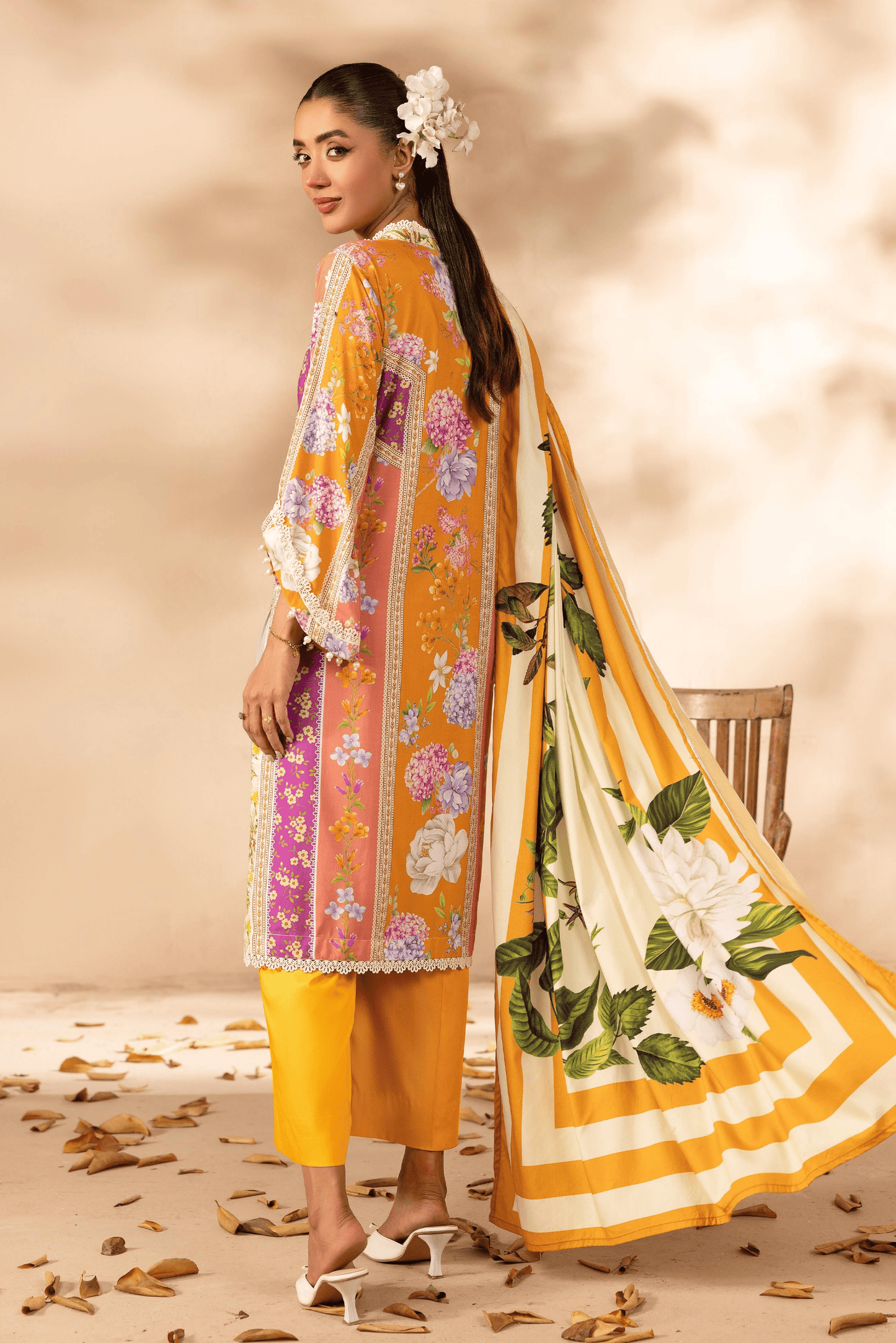 3 Pieces - Rangreza Unstitched Orange Printed Linen Suit