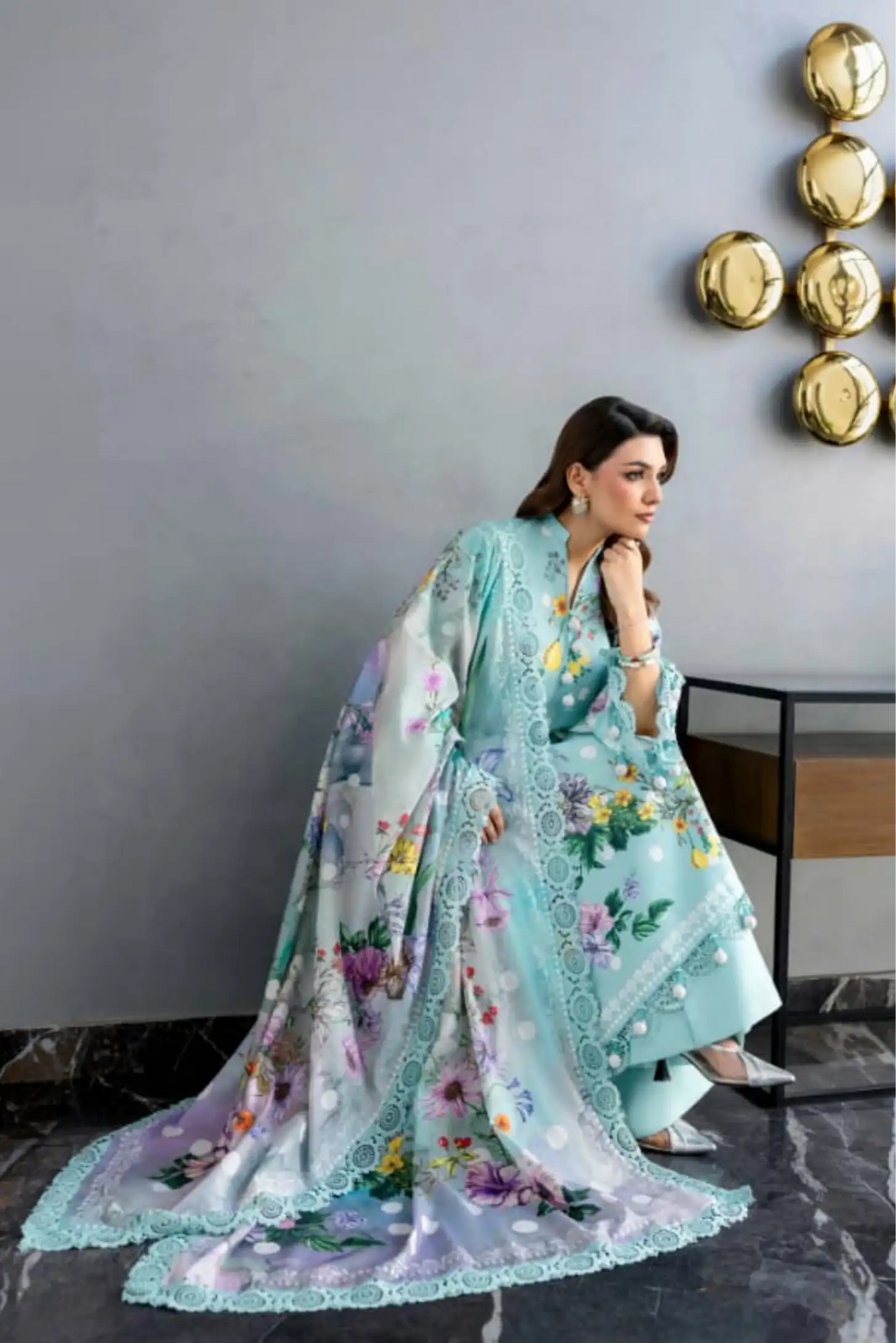 3 Pieces - NAQSH Unstitched Sea Green Ladies Lawn Suit