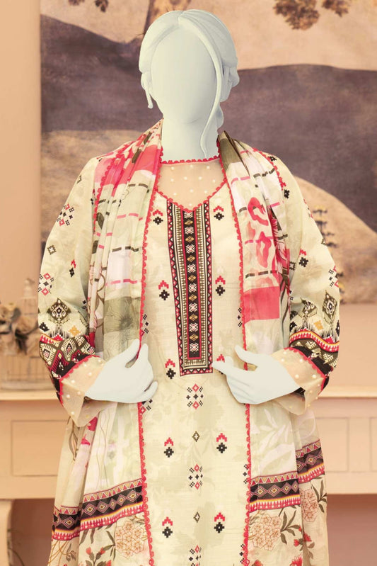 3 Pieces - Murashee Unstitched Off White Printed Lawn Suit