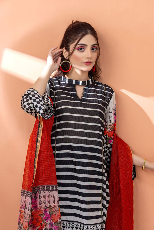 3 Pieces - Regalia Unstitched Black Fancy Zari Dupatta Printed Shirt Lawn Suit