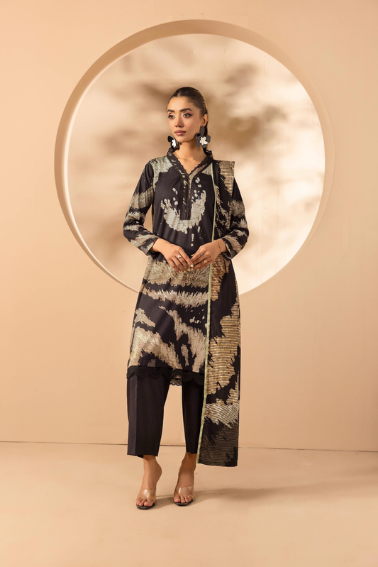3 Pieces - Rangreza Unstitched Black Printed Linen Suit