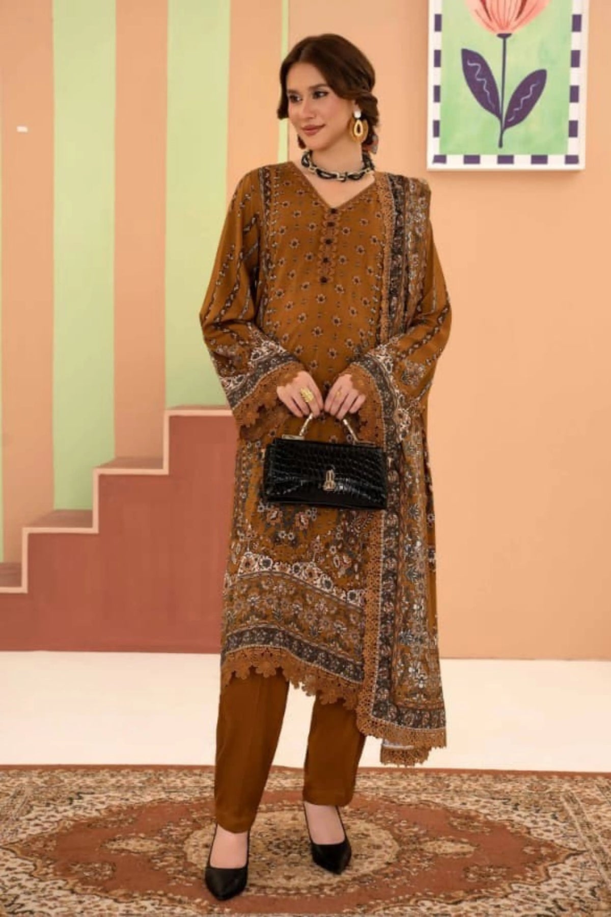 3 Pieces - Raabi Unstitched Musturd Printed Ladies Linen Suit
