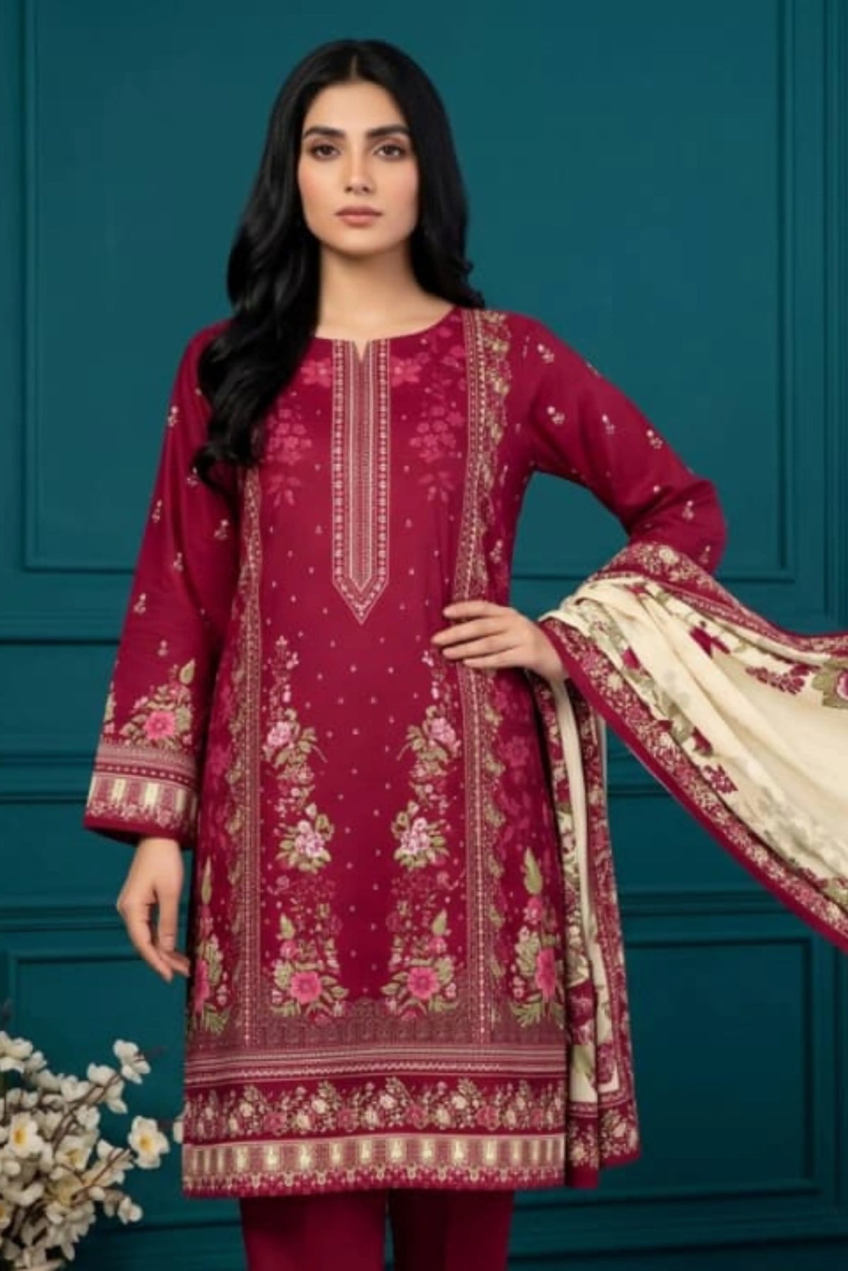 3 Piece - Marooj Ethnic Premium Printed Unstitched Red khaddar Suit