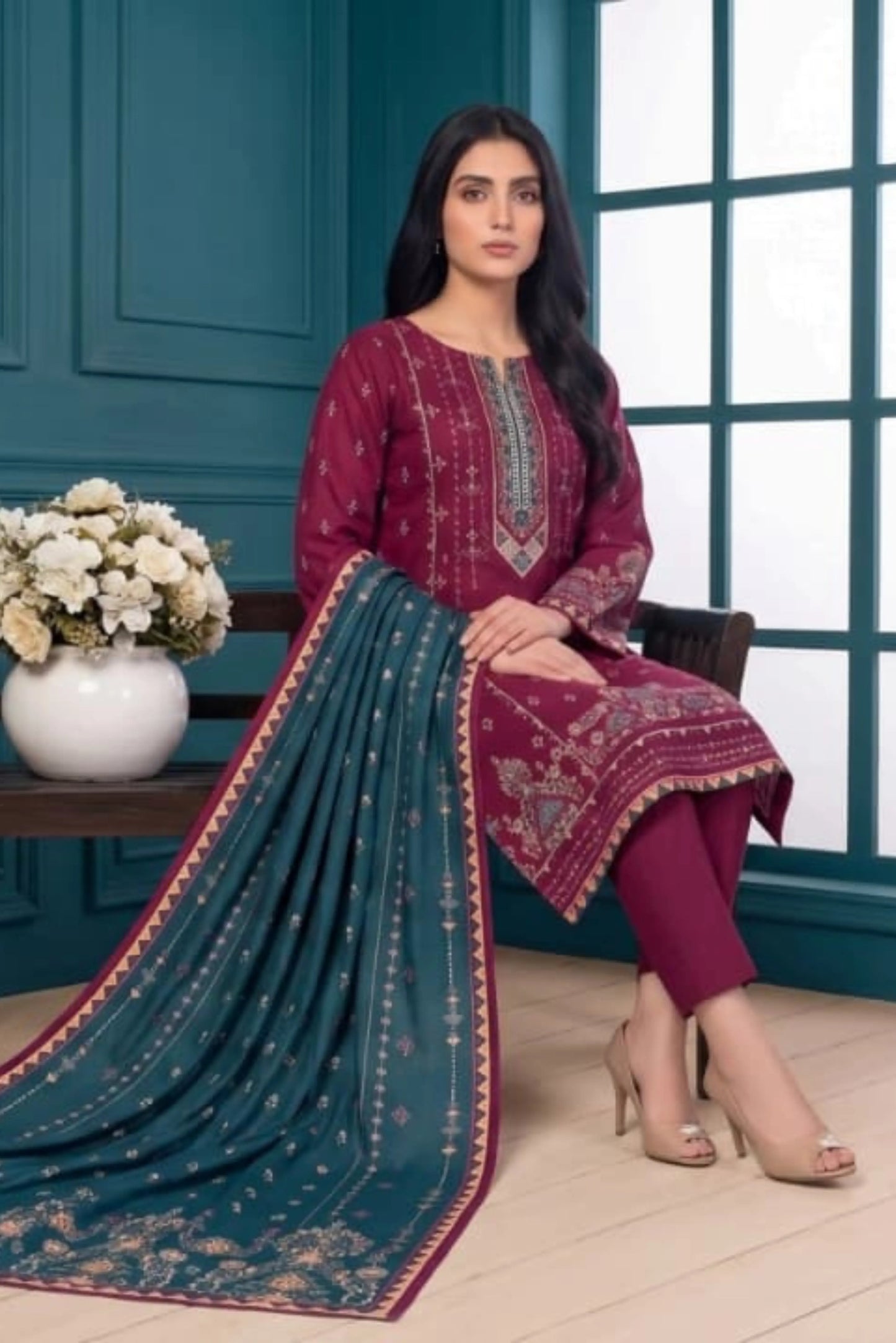 3 Piece - Marooj Ethnic Premium Printed Unstitched Plum khaddar Suit