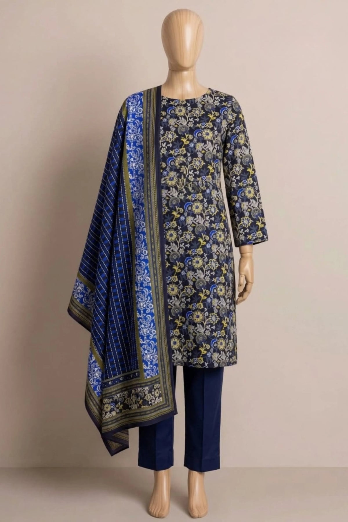 3 Pieces - Rijja By Murashe Unstitched Navy Blue Ladies Printed Khaddar Suit