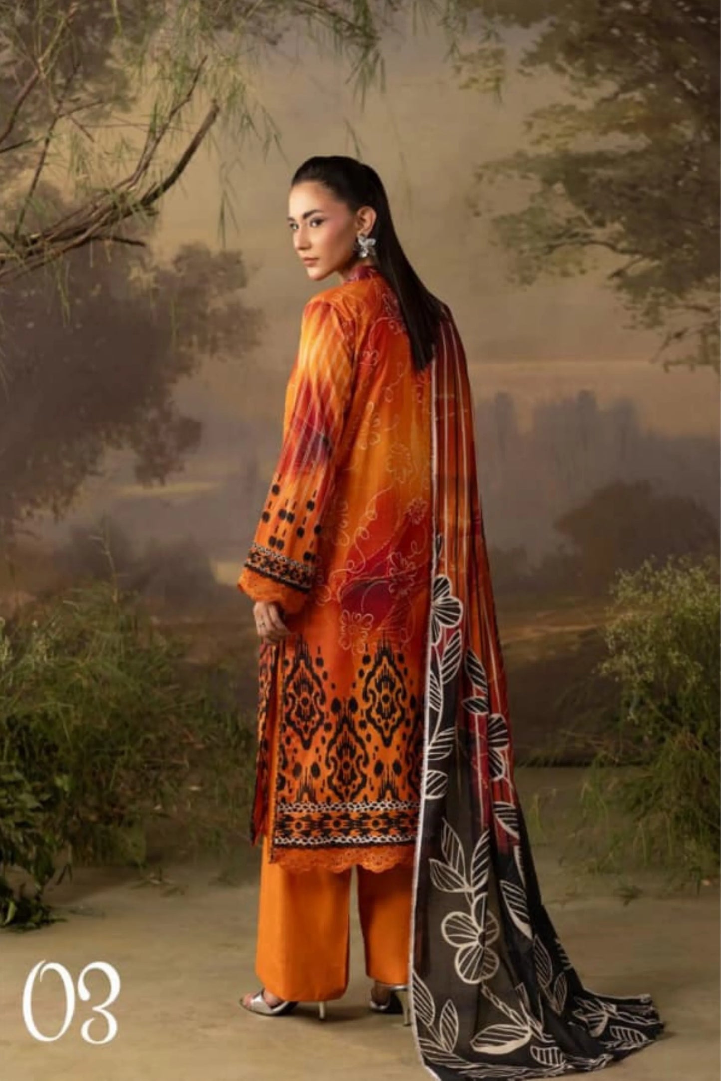 3 Pieces - Rangreza Unstitched Orange Lawn Suit