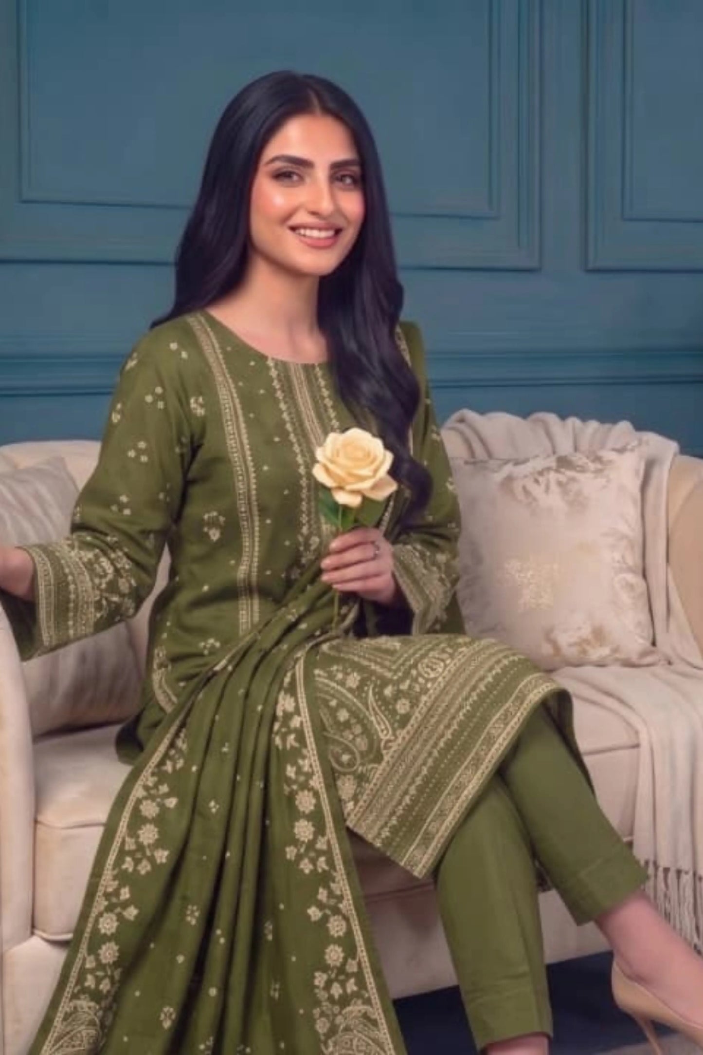 3 Piece - Marooj Ethnic Premium Printed Unstitched Mehandi khaddar Suit