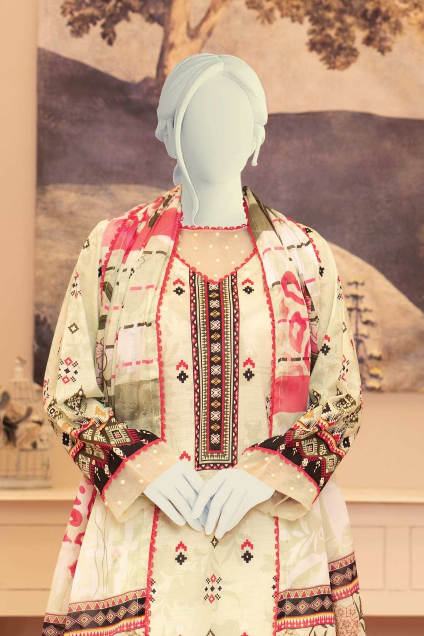 3 Pieces - Murashee Unstitched Off White Printed Lawn Suit