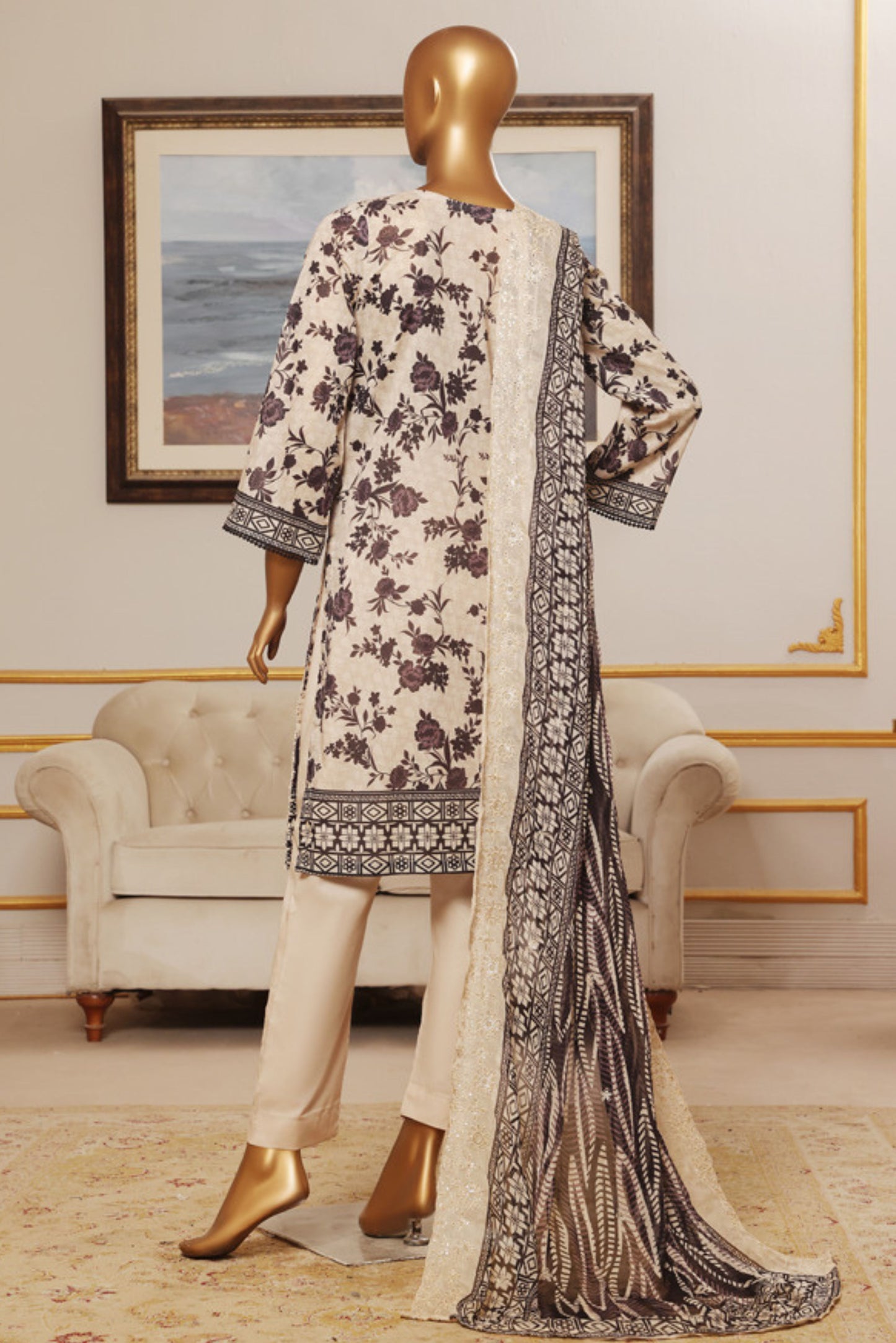 3 Pieces - Riwayat Unstitched Skin Embroided Lawn with Cutwork Chiffon Dupatta Suit