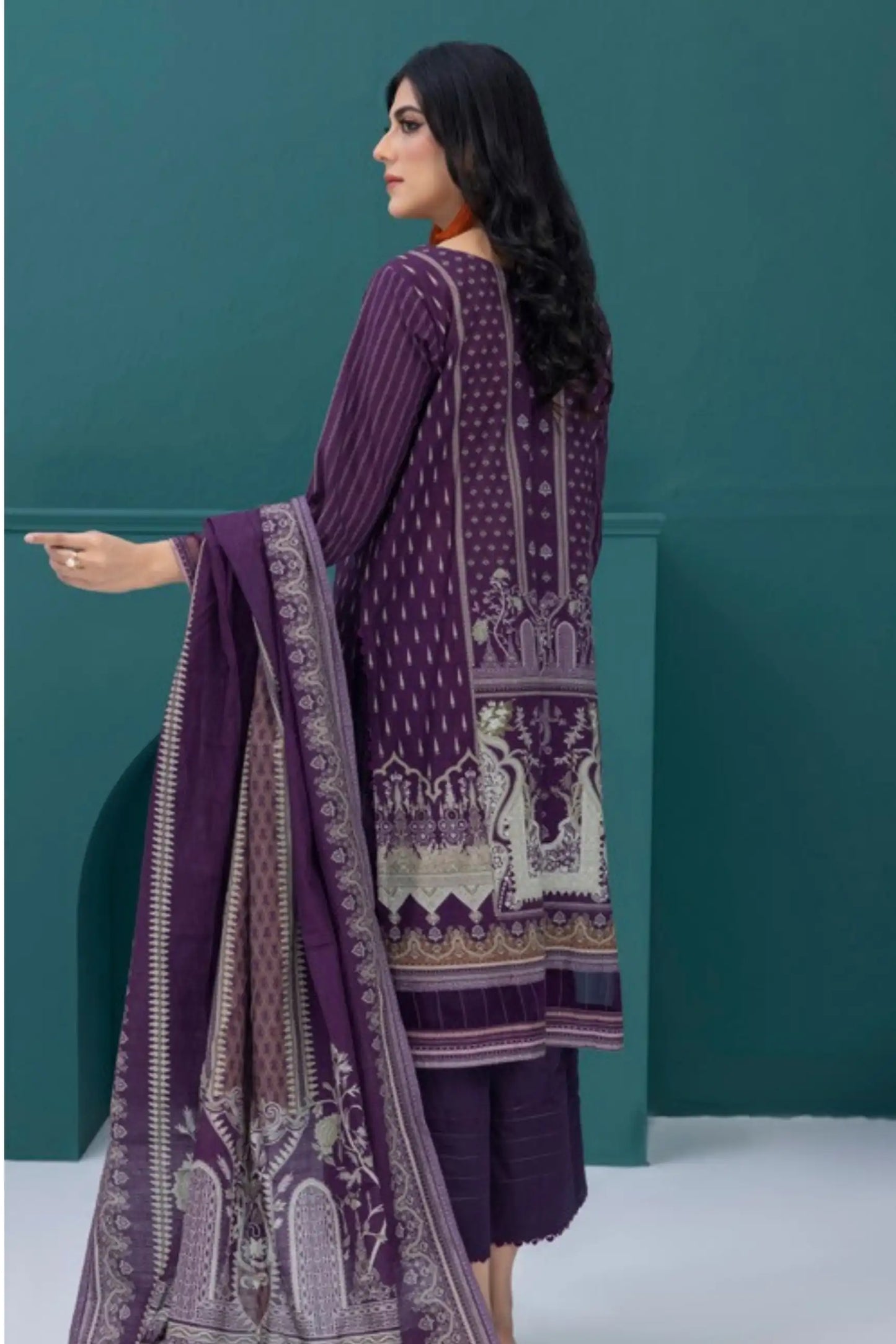 3 Pieces - Regalia Stitched Dark Purple Printed Khaddar Suit