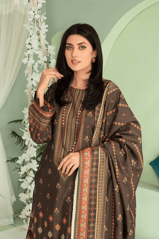 3 Pieces - Aizal Unstitched Brown Printed Shamray Linen Suit