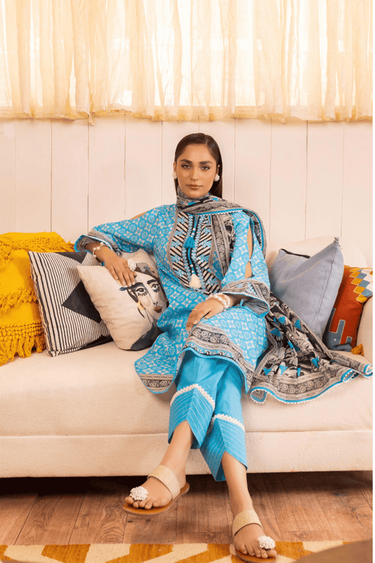 3 Pieces - GulAhmad Unstitched Blue Printed Lawn Suit