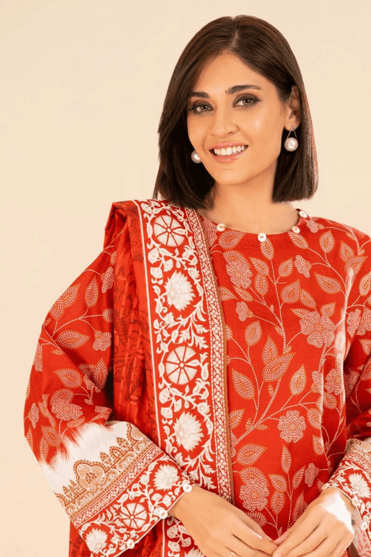 3 Pieces - GulAhmed Unstitched Red Printed Khaddar Suit