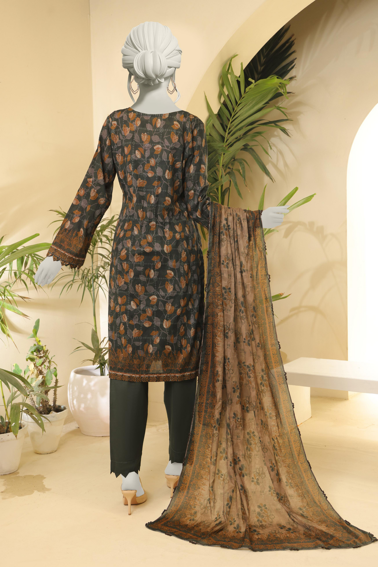 3 Pieces - Almeerah Unstitched Gray Aspragus Printed Lawn Suit